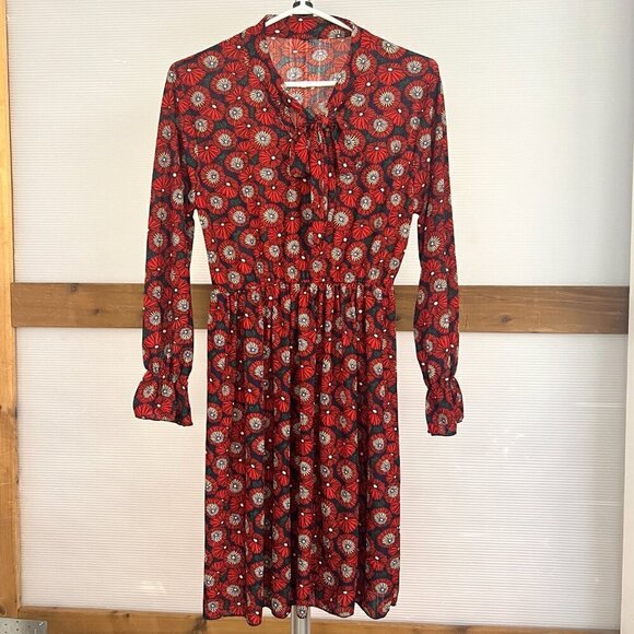 Modern Floral Geometric Pattern Tie Neck Lantern Sleeve Mini Dress Sz S No label - Picture 1 of 11